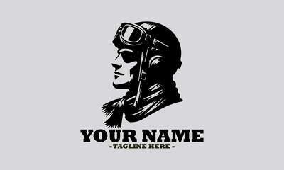 Classic monochromatic silhouette portrait of a pilot wearing a retro helmet, goggles, and scarf, in profile view. pilot wearing a retro helmet vector illustration and logo pilot wearing a retro helmet