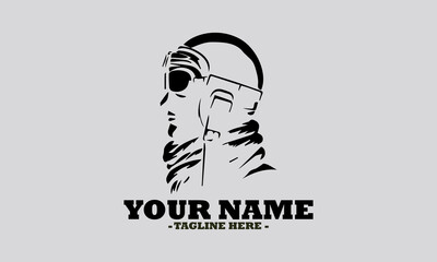 Classic monochromatic silhouette portrait of a pilot wearing a retro helmet, goggles, and scarf, in profile view. pilot wearing a retro helmet vector illustration and logo pilot wearing a retro helmet