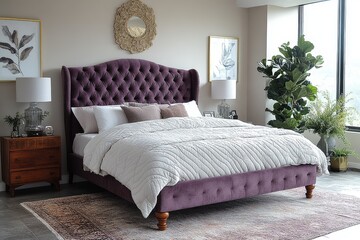 Elegant king-size bed with diamond-tufted headboard, flaring wings, wide footboard, creamy grey fabric, and multiple legs for modern comfort and style.