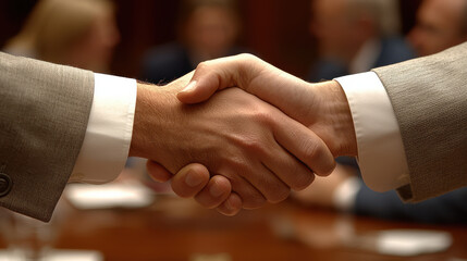 close up of handshake in professional environment, symbolizing agreement and collaboration