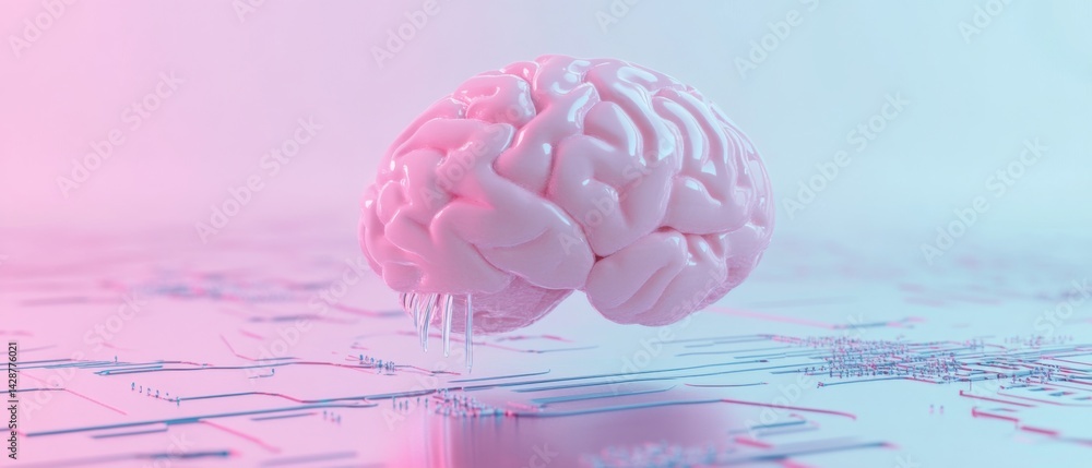 Poster artificial pink brain on futuristic circuit board, representing artificial intelligence, machine lea
