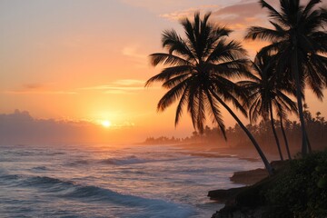 Tropical beach sunset with palm trees and ocean waves