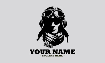Classic monochromatic silhouette portrait of a pilot wearing a retro helmet, goggles, and scarf, in profile view. pilot wearing a retro helmet vector illustration and logo pilot wearing a retro helmet © Arnis