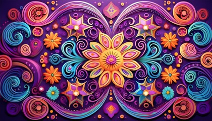 pastel colored swirls stars and intricate designs form a day of the dead pattern on a purple backdrop