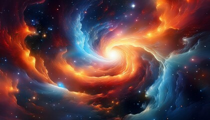 this image showcases a luminous swirling nebula with bright fiery colors in a vast star filled expanse of outer space