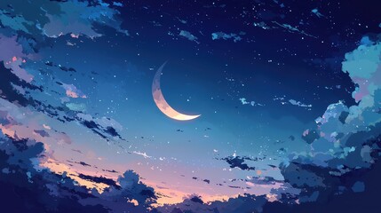 A Bright Crescent Moon Illuminating a Twilight Sky with Colorful Wispy Clouds and a Beautiful Scatter of Stars in the Evening Atmosphere