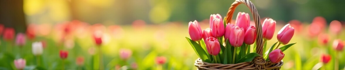 Fototapeta premium Pink tulip bouquet in rustic woven basket on vibrant spring meadow background, spring, rustic, background