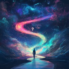 Silhouette Seeker Wandering Through Vivid Dreamscape Corridor of Cosmic Colors Under Question Mark Sky