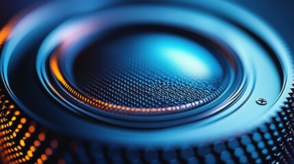 Close-up of a technological lens.  Intricate details of a futuristic, high-tech camera component.  Vibrant color highlights the design elements