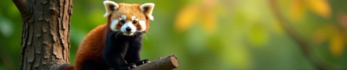 Fototapeta premium Playful red panda sitting on tree branch, staring at camera, Looking, Playful, Animal