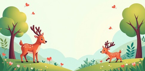 Playful vector background featuring cute deer and tree motifs, graphic, seamless, nature