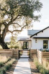 Nestled under the gentle embrace of a magnificent tree, this charming white house boasts a contemporary design, surrounded by a beautifully landscaped garden that glistens.