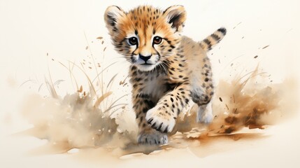 Obraz premium Adorable Cheetah Cub Running Playfully in Soft Grass Setting