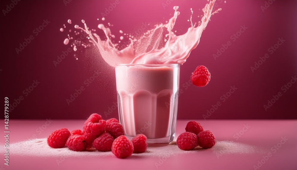Poster raspberry protein shake in a glass with splashes and fresh raspberries for athletes pink background 