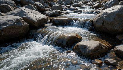 Sunlit Currents: Mountain Spring Water Dancing Over Stone