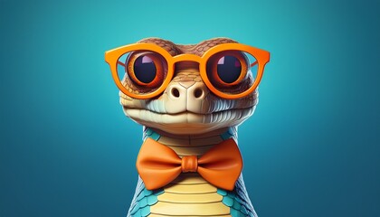 Fototapeta premium quirky cartoon snake with orange glasses and bowtie on blue background