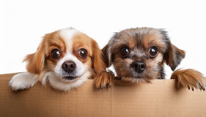 two curious small dogs peeking over a cardboard box playful expressions