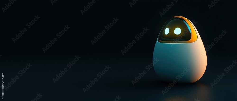 Poster minimalist ai robot with glowing eyes on dark background concept of artificial intelligence, future 