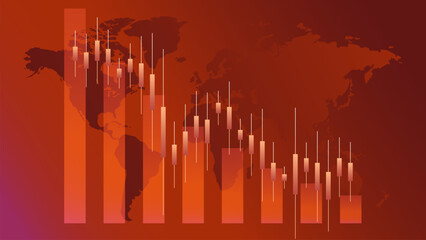 Global candlestick chart over world map illustrates synchronized market downfall. Sharp decline in international finance and worsening economic conditions. Concept of crisis. Vector illustration