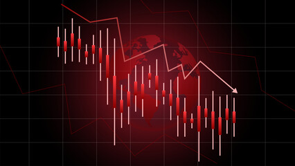 Candlestick graph on dark global background shows severe downward trend with red lines and financial volatility signaling global market collapse. Concept of economic crisis. Vector illustration