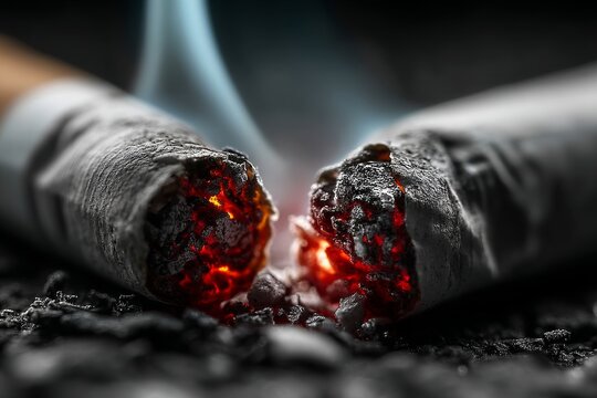 Close-up of a broken cigarette with glowing embers symbolizing quitting smoking awareness