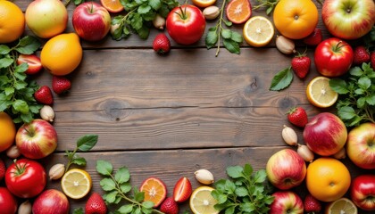Wooden table top with scattered organic fruit, vegetarian meal scene, freshness and rustic vibe