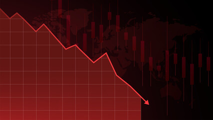 Red line graph crashing to bottom over global map background symbolizes financial collapse and irreversible economic downturn. Concept of economic crisis. Vector illustration