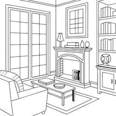 illustration of a coloring book page featuring an interior home design