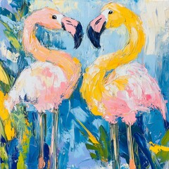 Vibrant Flamingo Duo in Harmonious Colors Impasto Artwork with Blue Hues and Lively Brushstrokes