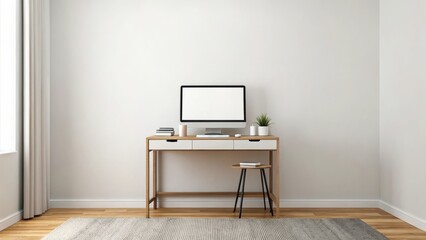 A minimalistic home office featuring a desk, computer, and plant, with light-colored walls and wooden flooring.