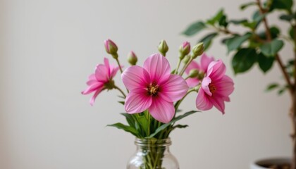 Pink flower in glass vase, softly blooming, surrounded by nature, minimalist background