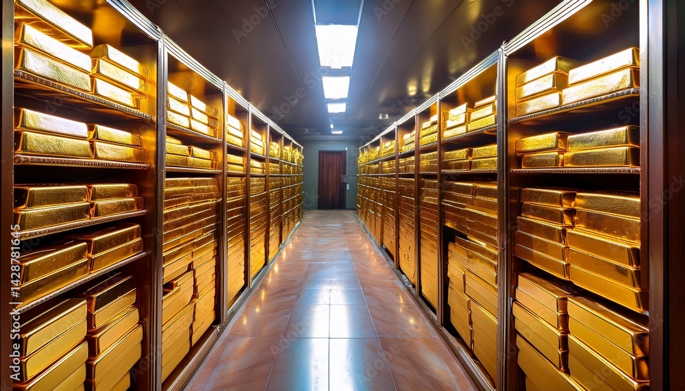 Poster rows of gleaming gold bars stacked neatly in a secure vault showcase wealth and luxury during a busi