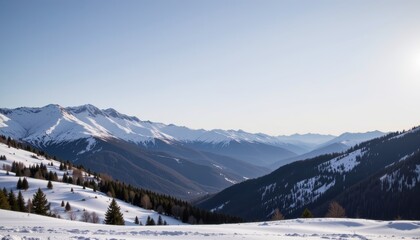 Snow covered mountain landscape with soft lighting, peaceful winter nature view