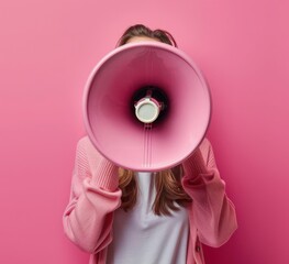 Woman with pink cardigan using a megaphone against a vibrant pink background.