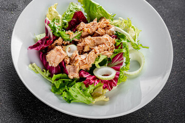 Tuna salad canned fish mixed green leaf lettuce seafood appetizer vegetable dish organic fresh tasty gourmet food background on the table rustic top view copy space vegetarian food pescetarian diet