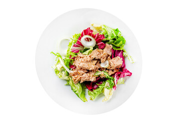 Tuna salad canned fish mixed green leaf lettuce seafood appetizer vegetable dish organic fresh tasty gourmet food background on the table rustic top view copy space vegetarian food pescetarian diet