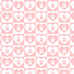 Pastel pink seamless pattern design cute paws with hearts