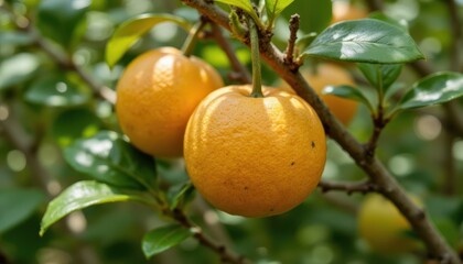 Citrus fruit ripening on tree branch with green leaves, fresh natural scene in soft morning light