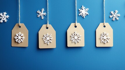 Holiday Decoration Tags with Snowflakes and Blue Background Perfect for Christmas Gift Wrapping and Festive Theme Design Elements