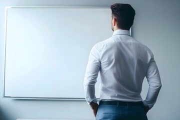Businessman from the back standing in front of a large blank whiteboard, preparing for a presentation and brainstorming new corporate strategy ideas