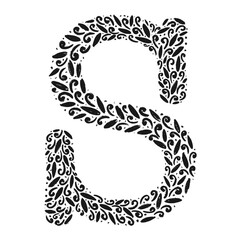 Floral botanical alphabet. Vintage hand drawn monogram letter S. Letter with plants and flowers. Vector lettering isolated on white