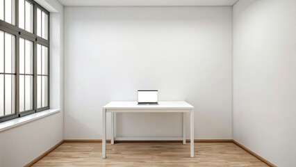 A minimalistic workspace featuring a white table and a laptop in a bright room with wooden flooring and large windows.