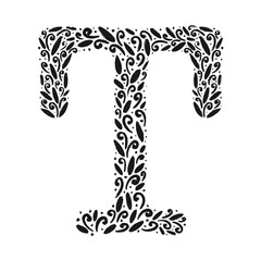 Floral botanical alphabet. Vintage hand drawn monogram letter T. Letter with plants and flowers. Vector lettering isolated on white