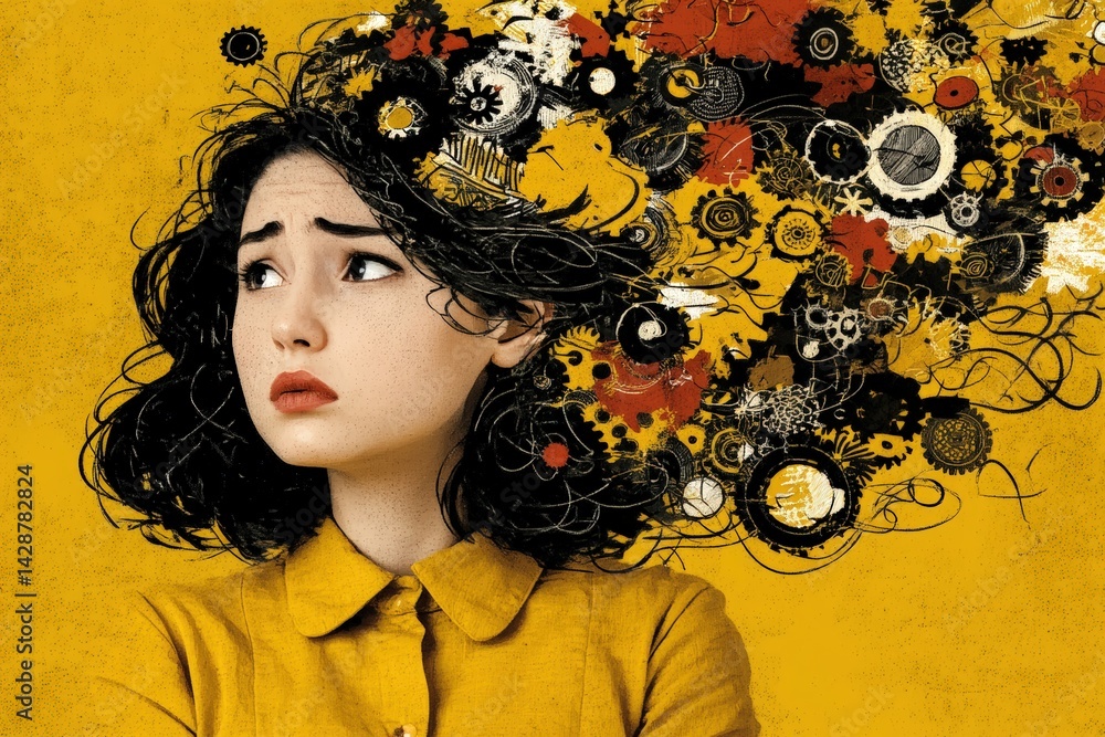 Poster a thoughtful woman with a troubled expression, surrounded by colorful, abstract patterns representin