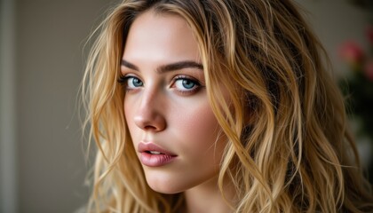 Fototapeta premium Portrait of beautiful woman with long curly blond hair, soft natural lighting, studio photo style