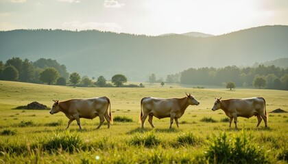 Peaceful countryside scene of cows grazing in open green field, rural landscape with photo realistic lighting