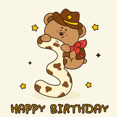 birthday number 3 with teddy bear cowboy happy party kawaii animal groovy style