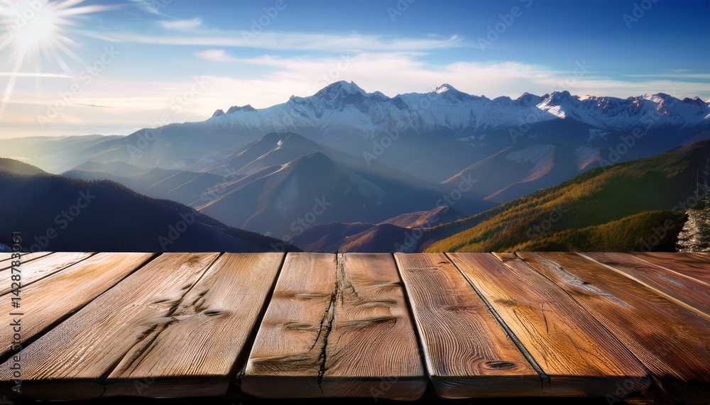 Poster scenic mountain view displayed on a wooden table top with copy space image