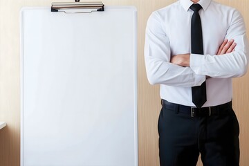 Professional man in formal wear with crossed arms presents a blank whiteboard, perfect as a copyspace for business strategy, ideas, and successful planning concepts