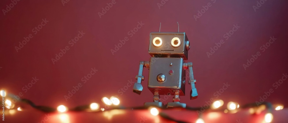 Poster shiny metal toy robot with glowing eyes standing on a red surface with blurred string lights concept